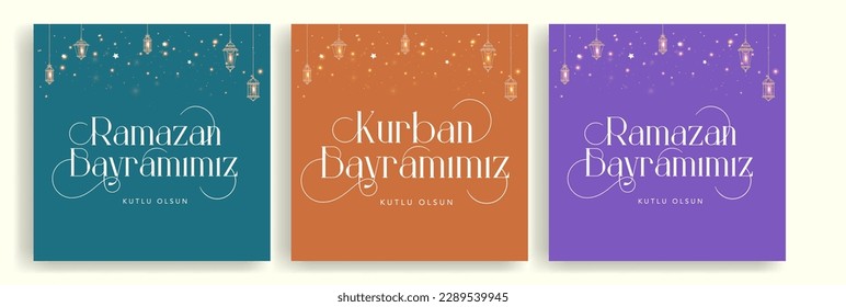 Holy Month of Muslim Community Ramadan Kareem, Feast of the Sacrifice greeting card, social media template, poster.(Turkish translation: Ramazan Bayramınız kutlu olsun. Kurban Bayramınız kutlu olsun.)