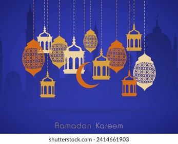 Holy Month of Muslim Community Ramadan Kareem Festival Celebration  Concept with Hanging Lantern and Crescent Moon on Blue Silhouette Mosque Background.