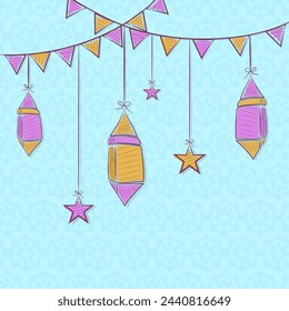 Holy month of Muslim community, Ramadan Kareem celebration greeting card with colorful hanging Arabic lamps.
