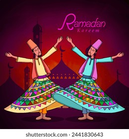 Holy month of muslim community, Ramadan Kareem celebration with illustration of dervish on islamic mosque night background.