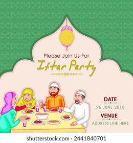 Holy month of Muslim community, Ramadan Kareem celebration invitation card with illustration of a Islamic family enjoying and celebrating Iftar Party.