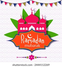 Holy month of Muslim community, Ramadan Kareem celebration with mosque on seamless floral design decorated background.