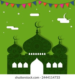 Holy month of Muslim community, Ramadan Kareem celebration with floral mosque on stars and moon decorated background.