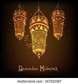 Holy month of muslim community, Ramadan Kareem celebration with floral decorated hanging golden arabic lantern on shiny brown background.