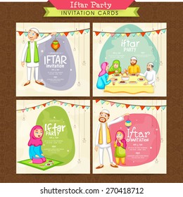 Holy month of Muslim community, Ramadan Kareem Iftar Party celebration invitation card set with illustration of happy Islamic people. 