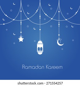 Holy month of muslim community, Ramadan Kareem celebration greeting card with hanging arabic lamp, star and moon on blue background.