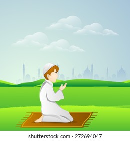 Holy month of muslim community, Ramadan Kareem celebration with illustration of islamic boy in traditional outfit reading Namaaz, islamic prayer in front of mosque or masjid.
