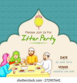 Holy month of Muslim community, Ramadan Kareem celebration invitation card with illustration of a Islamic family enjoying and celebrating Iftar Party.