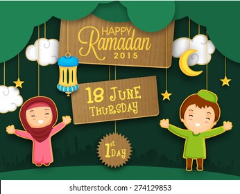 Holy month of Muslim community, Ramadan Kareem celebration with cute puppets celebrating first day of Ramadan on mosque silhouette background.