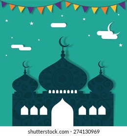 Holy month of Muslim community, Ramadan Kareem celebration with floral mosque on stars and moon decorated background.