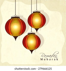 Holy month of Muslim community, Ramadan Kareem celebration with hanging illuminated Arabic lanterns on yellow background.