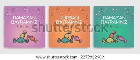 Holy Month of Muslim Community Ramadan Kareem, Feast of the Sacrifice greeting card, social media template, poster.(Turkish translation: Ramazan Bayramınız kutlu olsun. Kurban Bayramınız kutlu olsun.) Foto d'archivio © 