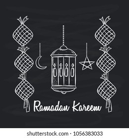 holy month of muslim ramadan kareem celebration with lantern on chalkboard background