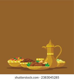 Heiliger Monat des Gebets, Ramadan Kareem Feier mit schöner Einladungskarte für Iftar-Party, Ramadan Kareem mit köstlicher Iftar Fasting Food Illustration