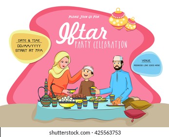 Mes Santo de las Oraciones, Ramadán Kareem, Iftar Party Invitation Card Design con la ilustración de una familia islámica disfrutando de deliciosa comida.