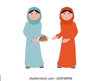 Holy Month Of Ramadan - Giving Spirit - A Muslim Arab Lady Wearing Traditional Arabic Dress Holding A Plate Of Arabic Food Giving It In Good Spirit To Her Neighbor Muslim Lady To Share The Blessing