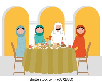 Holy month of Ramadan Muslims are fasting - Arab Muslim family is gathered around a table full of deciduous traditional food chick peace cutlets, Arabic bread with meat and dates to break their fast 