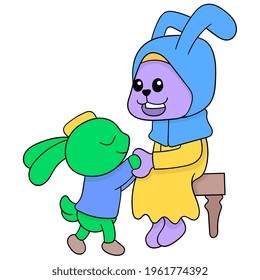 The holy month of Ramadan rabbit boy apologizes to his mother, vector illustration art. doodle icon image kawaii.