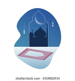 Holy mosque with lantern and prayer rug in bubble shaped background. Islamic greetings Ramadan Kareem and Eid Mubarak card flat design UI style for Muslim community celebration. Vector illustration.