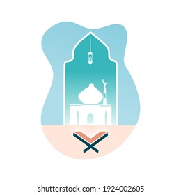 Holy mosque with lantern and Quran symbol in bubble shaped background. Islamic greetings Ramadan Kareem and Eid Mubarak card flat design UI style for Muslim community celebration. Vector illustration.