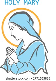 Holy mother mary vector with black  outline  brush art  with blue fill inside 