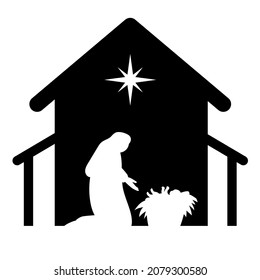 Holy night of birth of child jesus christ silhouette scene from religion christianity nativity scene. Biblical Religious History of Catholics. Cut for scrapbooking and print. Vector illustration