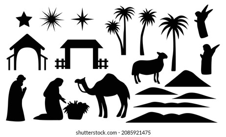 Holy night of birth of child jesus christ silhouette scene from religion christianity nativity scene. Biblical Religious History of Catholics. Cut for scrapbooking and print. Vector illustration