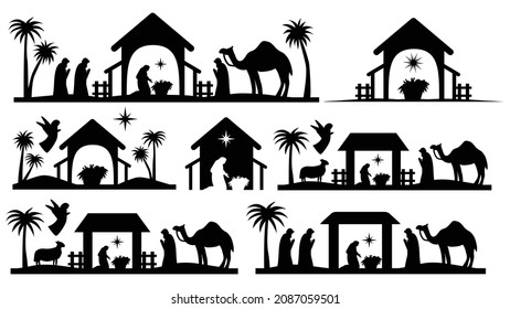 Holy night of birth of child jesus christ silhouette scene from religion christianity nativity scene. Biblical Religious History of Catholics. Cut for scrapbooking and print. Vector illustration