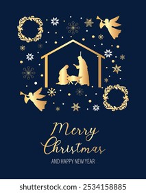 Holy Night. Christmas. Nativity Scene. Greeting card Merry Christmas and Happy New Year. Blue and gold. Vector graphics