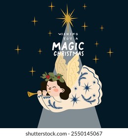 Holy Night. Merry Christmas and Happy New Year greeting card. A little angel. Vector illustration in cartoon flat style for Xmas holiday design, decor, postcards