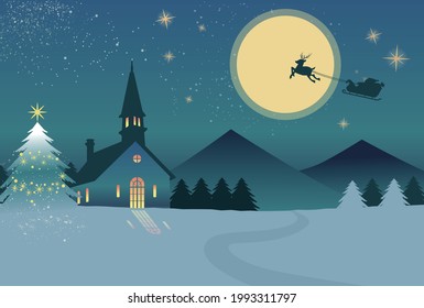 Holy Night, Moon, Church, and Santa's Silhouette