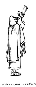 Holy past age eastern faith belief Leviticus prophet stand hashana call isolated white sky. Black ink pen hand drawn judaic ethnic jew human levite pharisee arm rosh hashanah yom kippur holiday rite pipe melody sound retro east believ arab festiv art