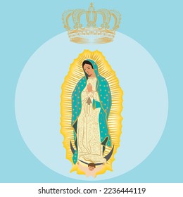 Santa Reina del Cielo. La Virgen de Guadalupe rezando con una corona. Ilustración de vectores para comunidades cristianas y católicas, festividades religiosas