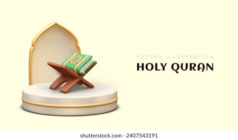 Holy Quran. Closed Koran lies on book stand. Holy book of Muslims. Round podium Arabian arch. Color illustration in cartoon style. Study and interpretation of sacred texts