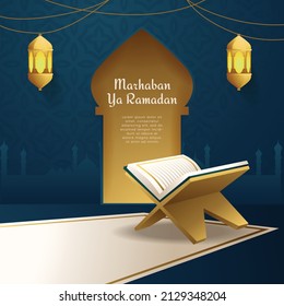 Holy Quran Elegant Ramadan Kareem  Islamic Culture blue background Background with gold lamp for Banner, Backdrop, social media, book cover