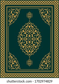 Holy Quran. Islamic Arabic book. Arabesque. The Koran.  Arabic calligraphy means ''Quran Kareem '', the Qur'an is the holy book of Islam, gold end green.EPS10 Illustration.