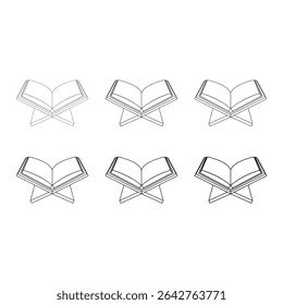 Arte de linha do Alcorão Sagrado colocada em um tradicional Rehal de madeira (suporte de livro). estande de livro islâmico, arte de linha de rehal, vetor de rehal do Alcorão, contorno de livro sagrado, Alcorão em contorno de estande, desenho do Alcorão aberto