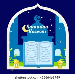 Holy quran with mosque background and star in the sky