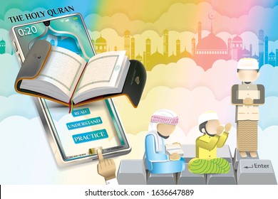 The holy Quran. Ramadan Kareem. Pictograms people read the Quran and pray. Mosque background. Text translation in holy book content: this is not text but illustrated scribbles that have no meaning