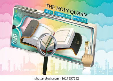 The Holy Quran. Read, understand and practice. Pictograms on the mobile phone. Greetings Ramadan Kareem. Mosque background. Vector illustration.