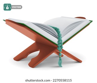 Holy Quran with rosary, open on the wooden book holder. Design element for Ramadan or other religious Islamic holidays and events. Vector 3d realistic illustration