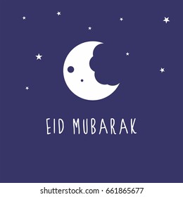 Holy Ramadan eid mubarak greeting design with bitten crescent moon