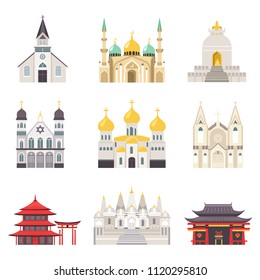 Holy religious buildings from all over world set. Gorgeous churches or temples of Europe, Muslim and Oriental countries isolated vector illustrations.