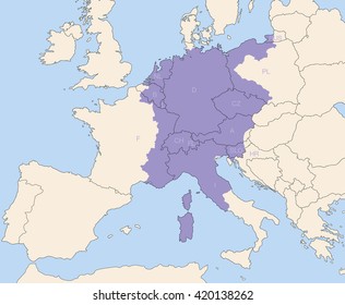 Holy Roman Empire, superpower in europe during the middle ages, at its greatest extent around 1200 AD colored purple - todays states that were partly or wholly included are lettered. 