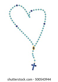 Holy rosary beads, chaplet. Catholic devotional prayer beads or rope, in shape of a heart.