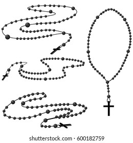 Holy rosary beads vector set. Prayer Catholic chaplet with a cross icons isolated on white background.