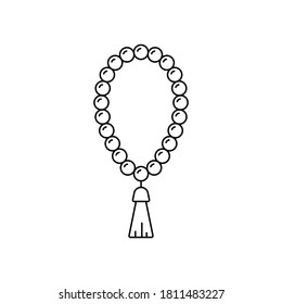 Sagrado rosario. Icono de perlas de oración lineal. Simple ilustración negra de accesorio religioso con tassel. Atributo del Cristianismo, Islam, Budismo. Símbolo vectorial aislado de contorno, fondo blanco