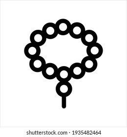 Holy rosary. Linear prayer beads icon. Black simple illustration of religious accessory with tassel. Attribute of Christianity, Islam, Buddhism. Contour isolated vector emblem, white background