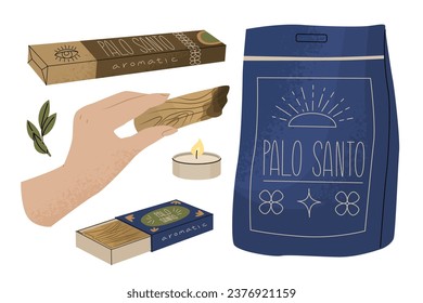 Holy sacred Palo Santo incense sticks. The practice of cleansing by burning incense. Maintaining life balance, replenishing energy. Vector illustration isolated on white background.