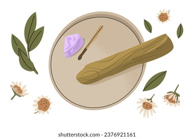 Holy sacred Palo Santo incense sticks. The practice of cleansing by burning incense. Maintaining life balance, replenishing energy. Vector illustration isolated on white background.